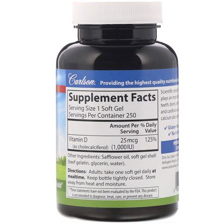 D3膽鈣化固醇, 維生素D: Carlson Labs, Vitamin D3, 1,000 IU (25 mcg), 250 Soft Gels