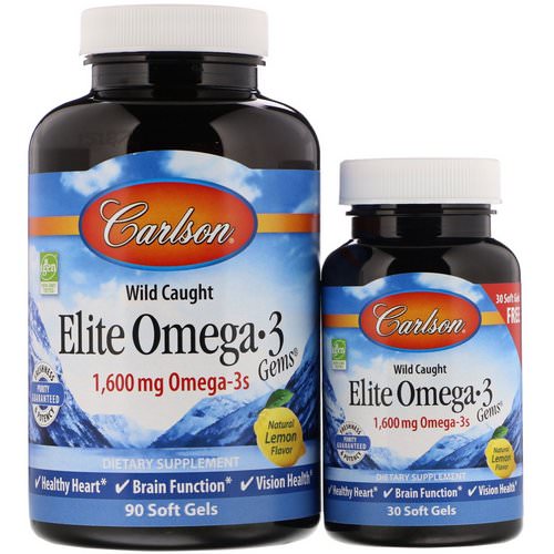 Carlson Labs, Wild Caught, Elite Omega-3 Gems, Natural Lemon Flavor, 1,600 mg, 90 + 30 Free Soft Gels Review