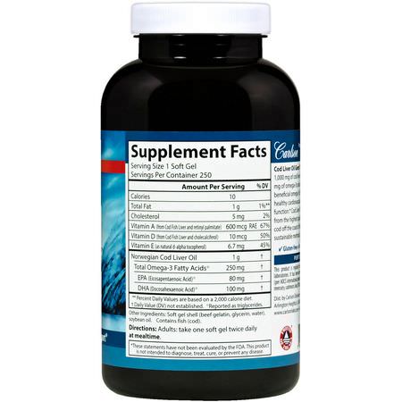 魚肝油, 歐米茄EPA DHA: Carlson Labs, Wild Norwegian Cod Liver Oil Gems, Super, 1000 mg, 250 Soft Gels