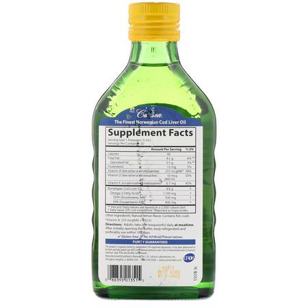 魚肝油, 歐米茄EPA DHA: Carlson Labs, Wild Norwegian Cod Liver Oil, Natural Lemon Flavor, 1,000 mg, 8.4 fl oz (250 ml)