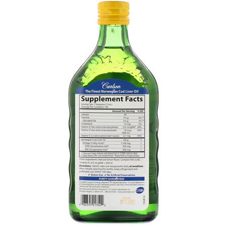 魚肝油, 歐米茄EPA DHA: Carlson Labs, Wild Norwegian Cod Liver Oil, Natural Lemon Flavor, 16.9 fl oz (500 ml)