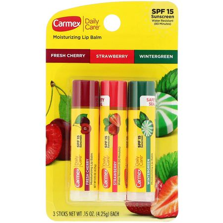 SPF, 潤唇膏: Carmex, Daily Care, Moisturizing Lip Balm, Variety, SPF 15, 3 Pack, .15 oz (4.25 g) Each