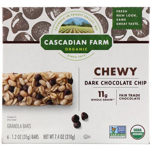 Cascadian Farm, Organic Chewy Granola Bars, Dark Chocolate Chip, 6 Bars, 1.2 oz (35 g) Each Review