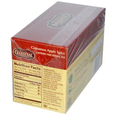 涼茶, 水果茶: Celestial Seasonings, Cinnamon Apple Spice, Caffeine Free, 20 Tea Bags, 1.7 oz (48 g)