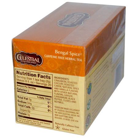 涼茶: Celestial Seasonings, Herbal Tea, Bengal Spice, Caffeine Free, 20 Tea Bags, 1.7 oz (47 g)