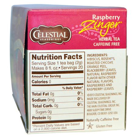 水果茶, 涼茶: Celestial Seasonings, Herbal Tea, Caffeine Free, Raspberry Zinger, 20 Tea Bags, 1.6 oz (45 g)