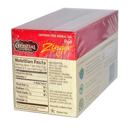 涼茶: Celestial Seasonings, Herbal Tea, Caffeine Free, Red Zinger, 20 Tea Bags, 1.7 oz (49 g)