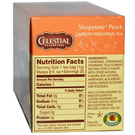 水果茶, 涼茶: Celestial Seasonings, Herbal Tea, Caffeine Free, Sleepytime Peach, 20 Tea Bags, 1.0 oz (29 g)