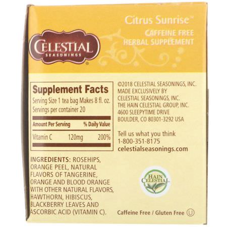 涼茶: Celestial Seasonings, Herbal Tea, Citrus Sunrise, Caffeine Free, 20 Tea Bags, 1.7 oz (47 g)