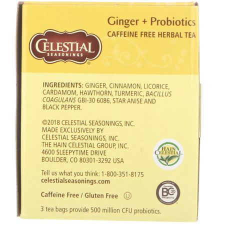 藥用茶薑茶: Celestial Seasonings, Herbal Tea, Ginger + Probiotics, Caffeine Free, 20 Tea Bags, 1.1 oz (31 g)