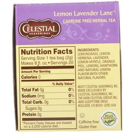 涼茶: Celestial Seasonings, Herbal Tea, Lemon Lavender Lane, Caffeine Free, 20 Tea Bags, 1.1 oz (31 g)