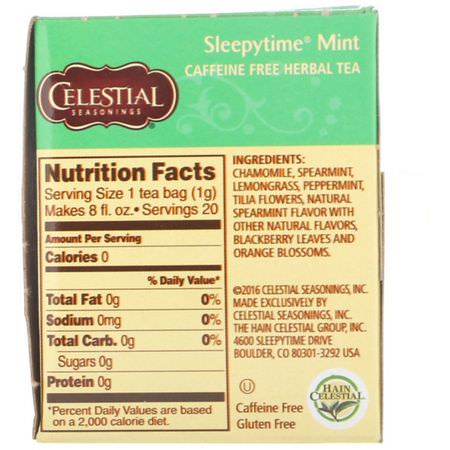 藥用茶, 涼茶: Celestial Seasonings, Herbal Tea, Sleepytime Mint, Caffeine Free, 20 Tea Bags, 1.0 oz (29 g)