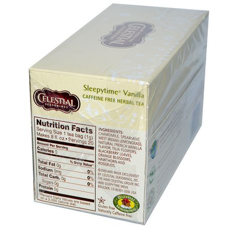藥用茶, 涼茶: Celestial Seasonings, Herbal Tea, Sleepytime Vanilla, Caffeine Free, 20 Tea Bags, 1.0 oz (29 g)