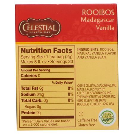如意寶茶: Celestial Seasonings, Rooibos Tea, Madagascar Vanilla, Caffeine Free, 20 Tea Bags, 1.5 oz (42 g)