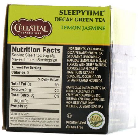 涼茶, 綠茶: Celestial Seasonings, Sleepytime Green Lemon Jasmine, Decaf, 20 Tea Bags, 1.1 oz (31 g)