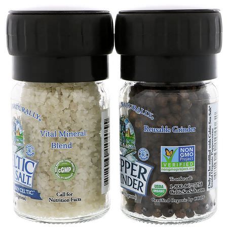 海鹽: Celtic Sea Salt, Mini Mixed Grinder Set, Light Grey Celtic Salt & Pepper Grinder, 2.9 oz (82 g)