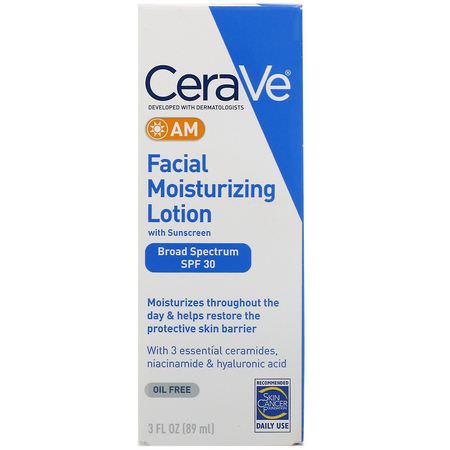 日間保濕霜, 面霜: CeraVe, AM Facial Moisturizing Lotion with Sunscreen, SPF 30, 3 fl oz (89 ml)