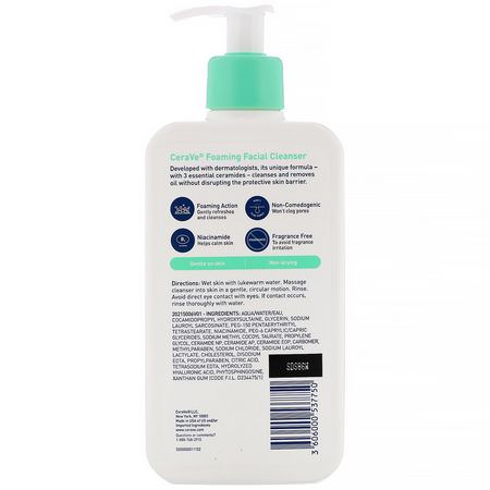 清潔劑, 洗面奶: CeraVe, Foaming Facial Cleanser, For Normal to Oily Skin, 12 fl oz (355 ml)