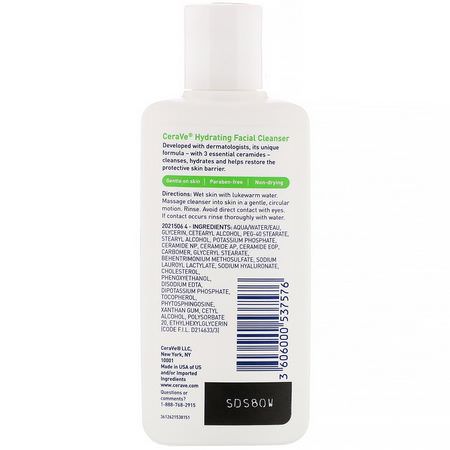 清潔劑, 洗面奶: CeraVe, Hydrating Facial Cleanser, For Normal to Dry Skin, 3 fl oz (87 ml)