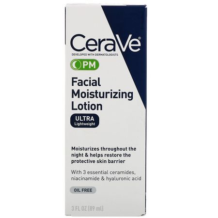 夜間保濕霜, 乳霜: CeraVe, PM Facial Moisturizing Lotion, 3 fl oz (89 ml)