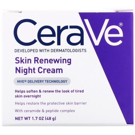 肽, 夜間保濕霜: CeraVe, Skin Renewing Night Cream, 1.7 oz (48 g)