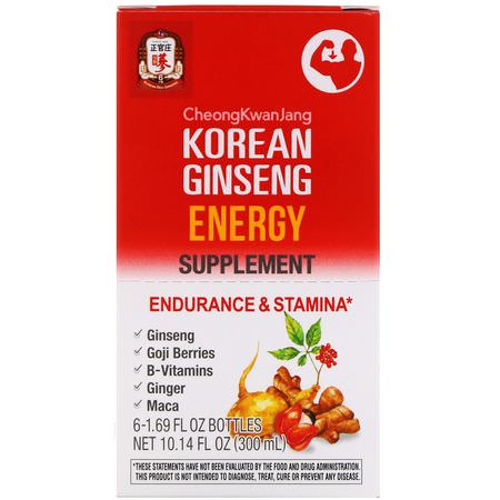 能量, 補品: Cheong Kwan Jang, Korean Ginseng Energy, Endurance & Stamina, Citrus Flavor, 6 Bottles, 1.69 fl oz (50 ml) Each