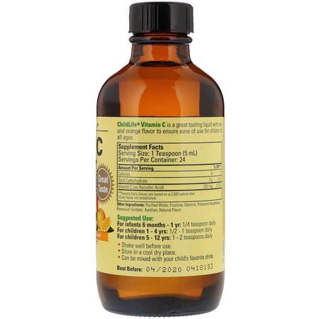流感, 咳嗽: ChildLife, Essentials, Liquid Vitamin C, Natural Orange Flavor, 4 fl oz (118.5 mL)