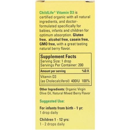 兒童維生素D, 健康: ChildLife, Organic Vitamin D3 Drops, Natural Berry Flavor, 400 IU, 0.338 fl oz (10 ml)