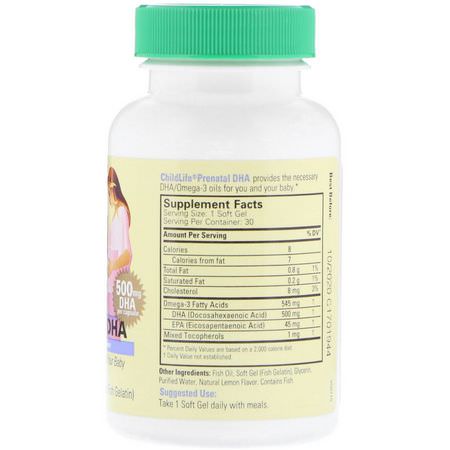 產後, Pre: ChildLife, Prenatal DHA, Natural Lemon Flavor, 500 mg, 30 Soft Gel Capsules