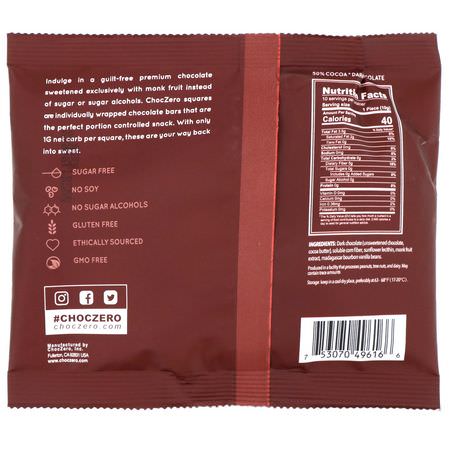 糖果, 巧克力: ChocZero Inc, 70% Cocoa Dark Chocolate Squares, Sugar Free, 10 Pieces, 3.5 oz (100 g)