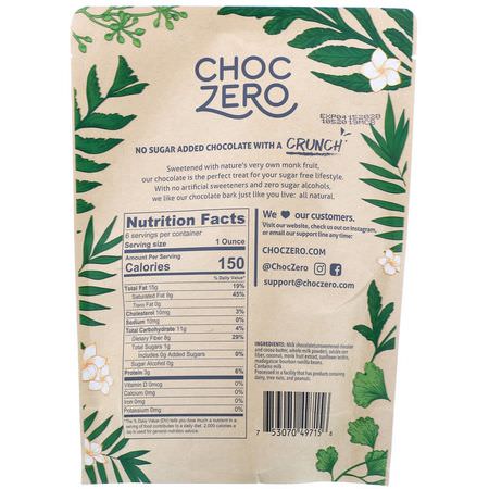 糖果, 巧克力: ChocZero Inc, Milk Chocolate Keto Bark, No Sugar Added, Coconut, 6 Bars, 1 oz Each