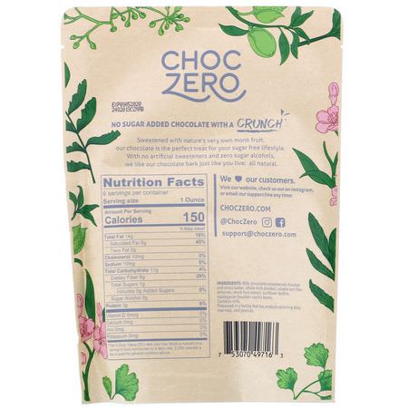 糖果, 巧克力: ChocZero Inc, Milk Chocolate, Almonds, No Sugar Added, 6 Bars, 1 oz Each