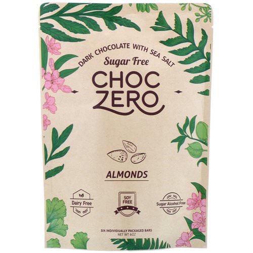 ChocZero Inc, Dark Chocolate with Sea Salt, Almonds, Sugar Free, 6 Bars, 1 oz Each Review