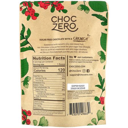 糖果, 巧克力: ChocZero Inc, Dark Chocolate With Sea Salt, Hazelnuts, Sugar Free, 6 Bars, 1 oz Each