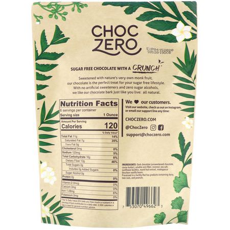 糖果, 巧克力: ChocZero Inc, Dark Chocolate With Sea Salt Keto Bark, Coconut, Sugar Free, 6 Bars, 1 oz Each