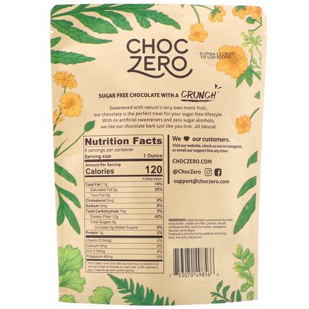 糖果, 巧克力: ChocZero Inc, Dark Chocolate With Sea Salt Keto Bark, Peanuts, Sugar Free, 6 Bars, 1 oz Each