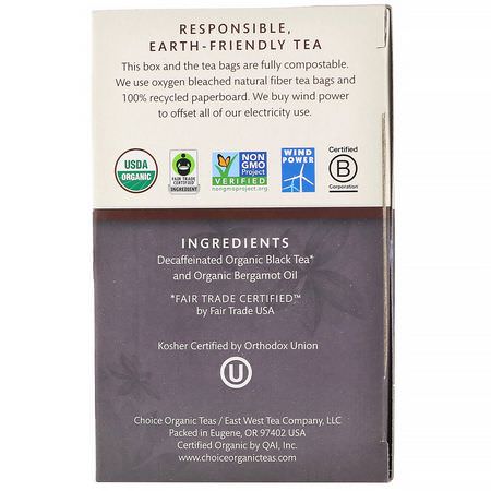 紅茶, 伯爵茶: Choice Organic Teas, Organic Decaffeinated Earl Grey, Decaf Black Tea, 16 Tea Bags, 1.12 oz (32 g)