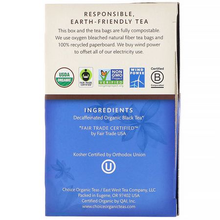 紅茶, 英式早餐茶: Choice Organic Teas, Organic Decaffeinated English Breakfast, Decaf Black Tea, 16 Tea Bags, 1.12 oz (32 g)