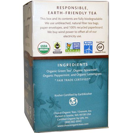 綠茶: Choice Organic Teas, Green Tea, Organic, Green Moroccan Mint, 16 Tea Bags, .8 oz (24 g)