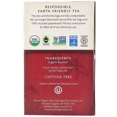 草本茶, 如意寶茶: Choice Organic Teas, Herbal Tea, Organic, Rooibos, Caffeine-Free, 16 Tea Bags, 1.12 oz (32 g)