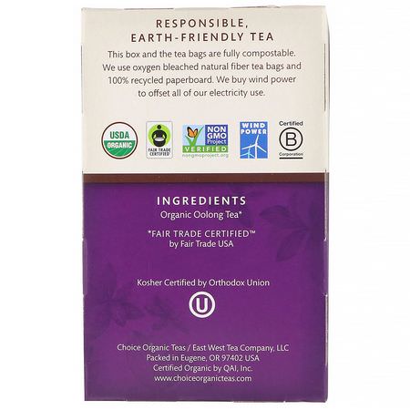 烏龍茶: Choice Organic Teas, Oolong Tea, Organic Oolong, 16 Tea Bags, 1.1 oz (32 g)