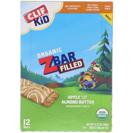 手指食品, 酒吧: Clif Bar, Clif Kid, Organic ZBar Filled, Apple Filled with Almond Butter, 12 Bars, 1.06 oz (30 g) Each