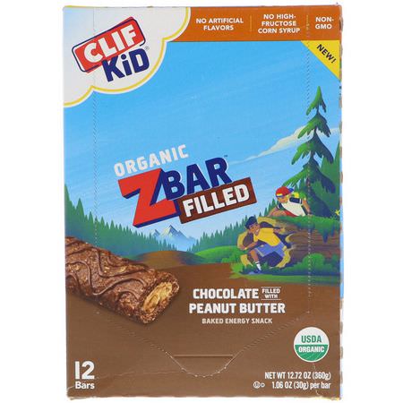 手指食品, 酒吧: Clif Bar, Clif Kid, Organic Zbar Filled, Chocolate Filled with Peanut Butter, 12 Bars, 1.06 oz (30 g) Each