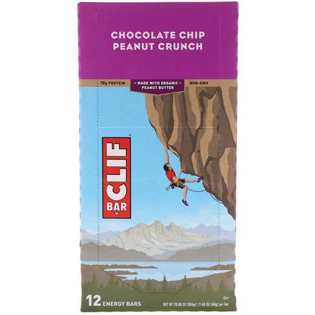 能量棒, 運動棒: Clif Bar, Energy Bar, Chocolate Chip Peanut Crunch, 12 Bars, 2.40 oz (68 g) Each