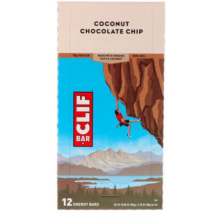 能量棒, 運動棒: Clif Bar, Energy Bar, Coconut Chocolate Chip, 12 Bars, 2.40 oz (68 g) Each