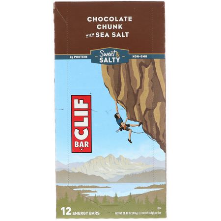 能量棒, 運動棒: Clif Bar, Energy Bars, Chocolate Chunk with Sea Salt, 12 Bars, 2.40 oz (68 g) Each