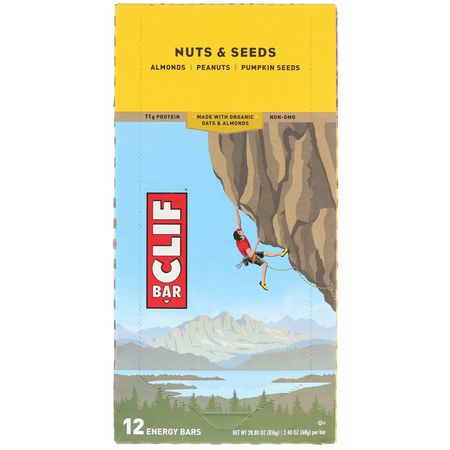 能量棒, 運動棒: Clif Bar, Energy Bars, Nuts & Seeds, 12 Bars, 2.40 oz (68 g) Each