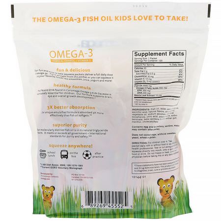 Omegas, 兒童DHA: Coromega, Omega-3, Tropical Orange + Vitamin D for Kids, 120 Squeeze Shots