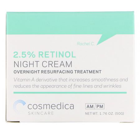 視黃醇, 夜間保濕霜: Cosmedica Skincare, 2.5% Retinol Night Cream, Overnight Resurfacing Treatment, 1.76 oz (50 g)