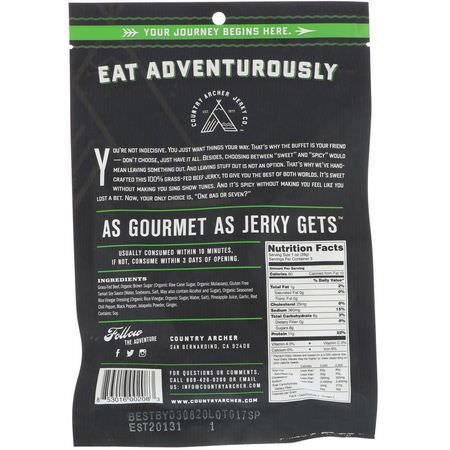肉類零食, 生澀: Country Archer Jerky, Beef Jerky, Sweet Jalapeno, 3 oz (85 g)